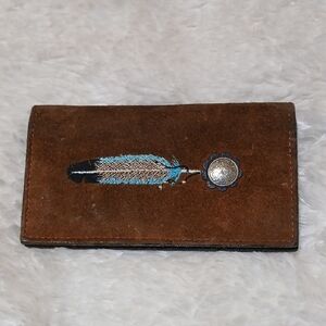 Southwestern Brown Suede Wallet with Feather Embroidery